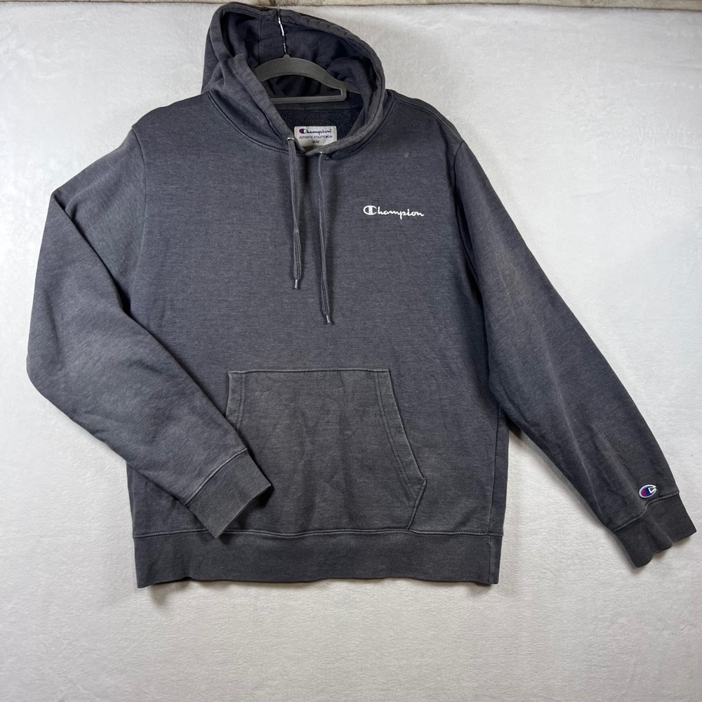 Champion Mens Hoodie Charcoal Gray Pullover Script Logo Fleece Sweatshirt Medium